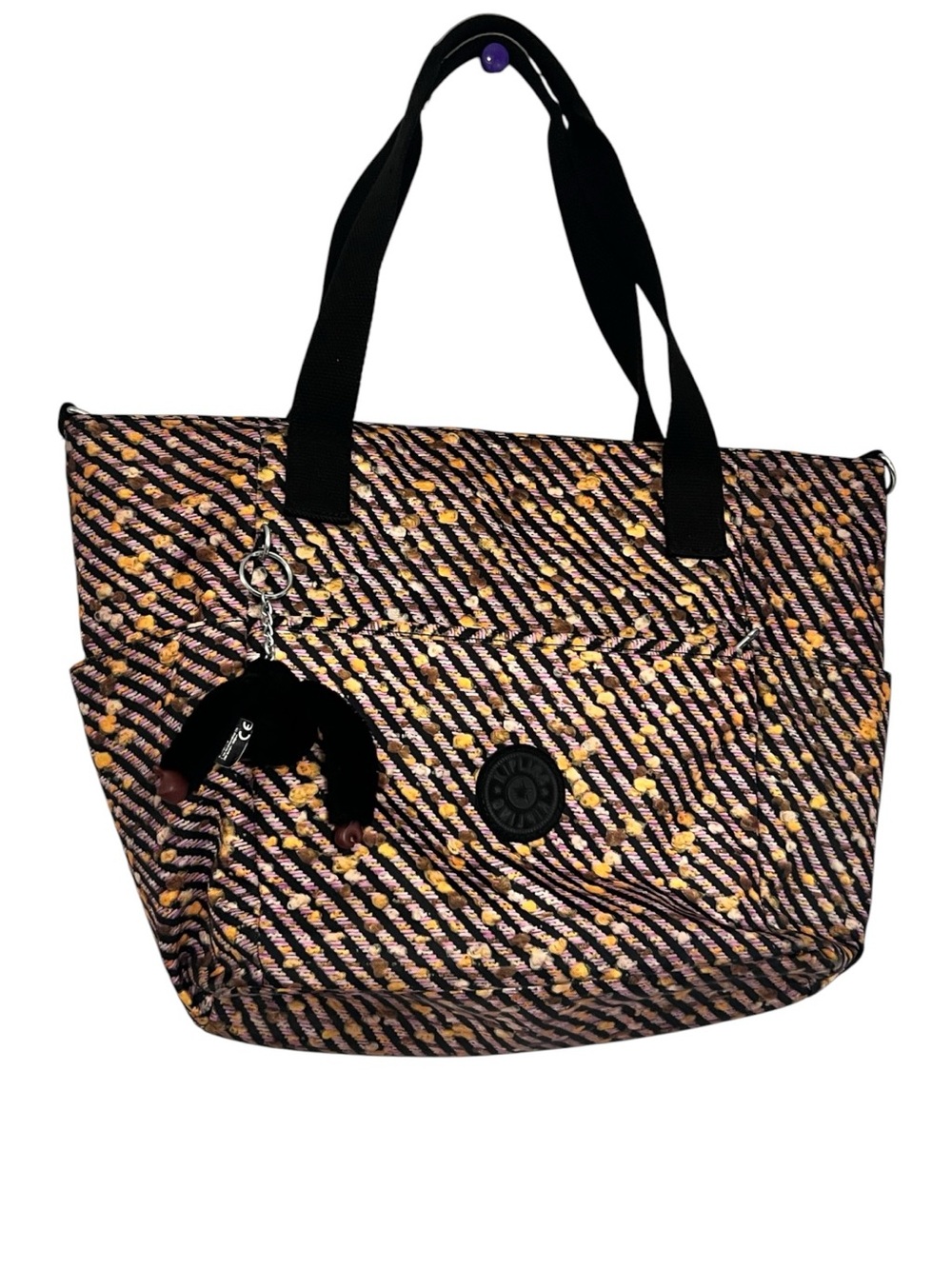 Kipling Black and Gold Patterned Tote with Charm